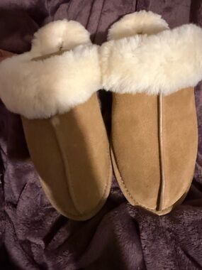 UGG Chestnut Shearling Clog Slippers with Cream Fur Trim